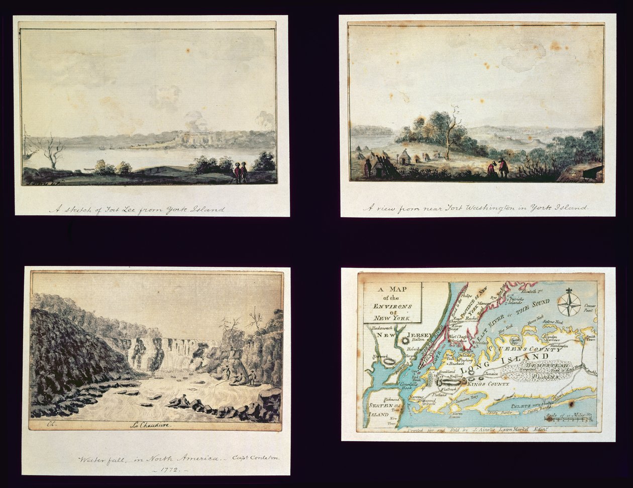Nordamerikanska scener och en karta över New York, ca 1772 av Conleton
