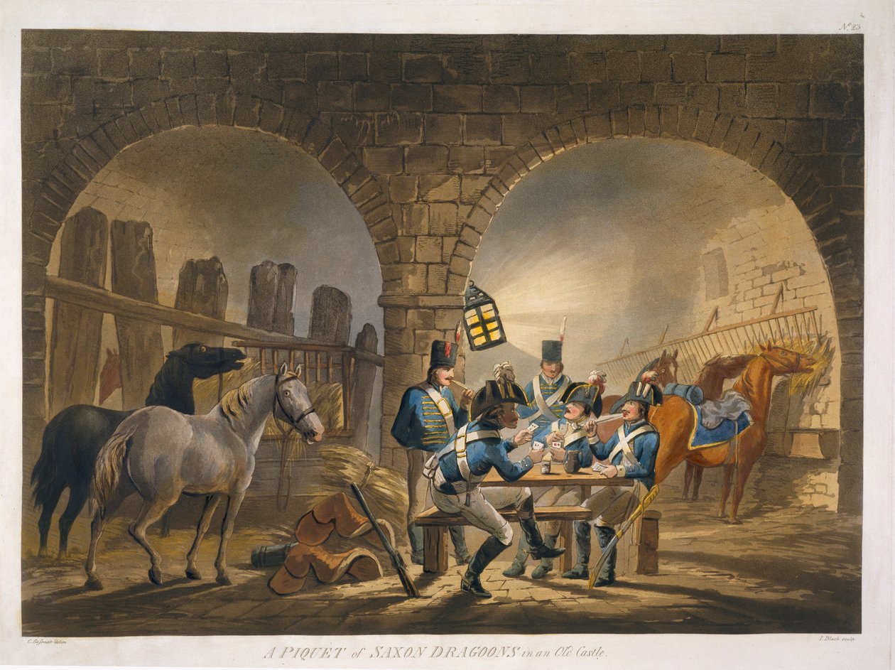 En piquet av saxiska dragoner i ett gammalt slott, från "Military Evolutions", pub. Ackermann, London, 1799-1802 av Conrad Gessner