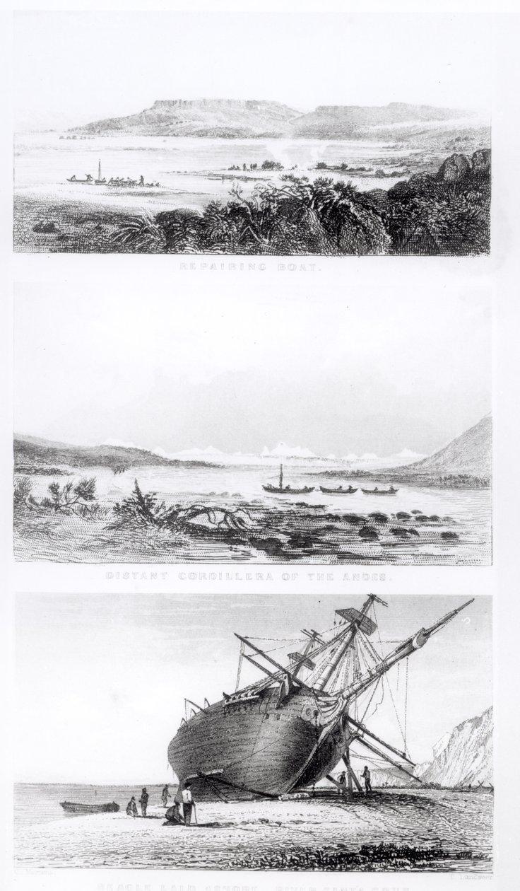 Scener av "Beagle" som repareras, på Andernas avlägsna cordillera, och läggs i land vid Santa Cruz River, graverade av Thomas Landseer (1795-1880) av Conrad Martens
