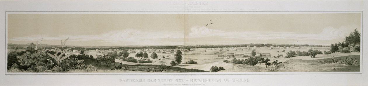 Panorama över staden New Braunfels, Texas taget från sydvästra sidan sommaren 1847 av Conrad Caspar (after) Rordorf