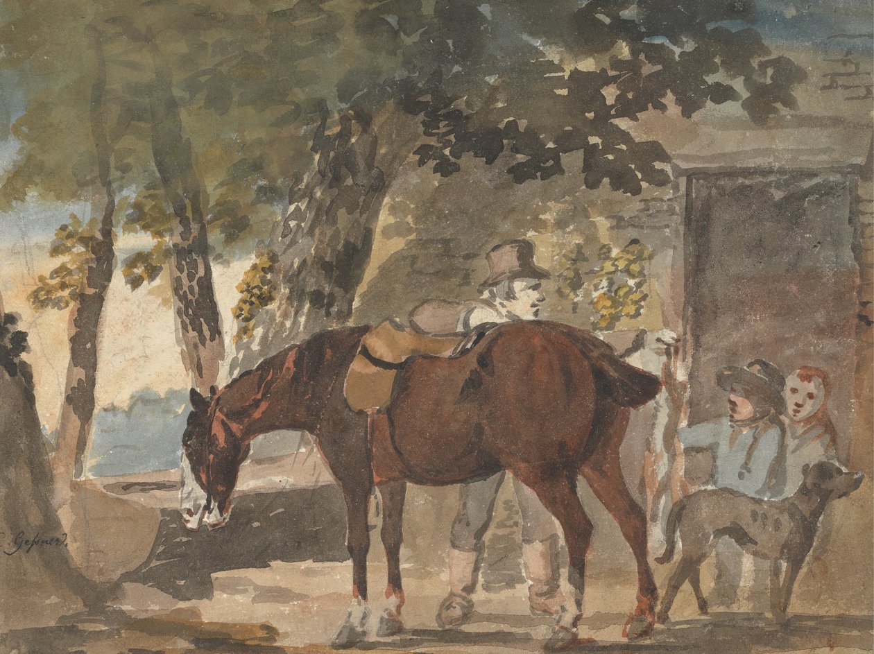 En häst, hund och figurer utanför en stuga av Conrad Gessner