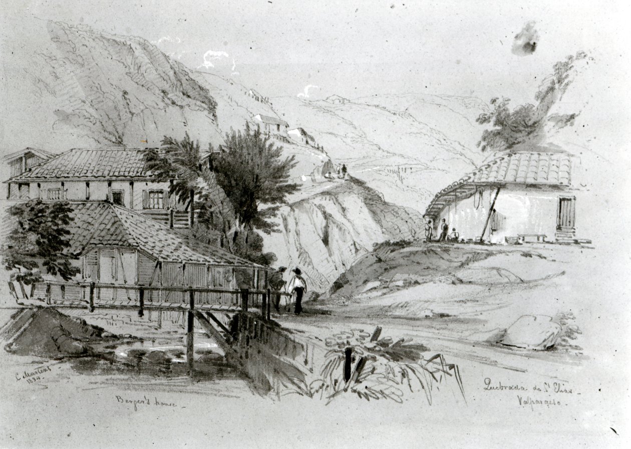 Bergers hus, Valparaiso, 1834 (penna och wc på papper) (bw foto) av Conrad Martens
