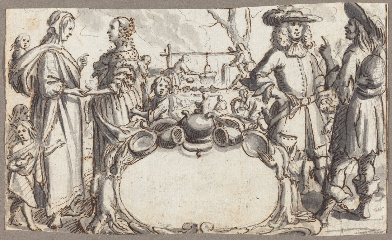 Allegory of Poverty and Wealth (penna och brunt bläck med grå lav på liggande papper) av Conrad Meyer