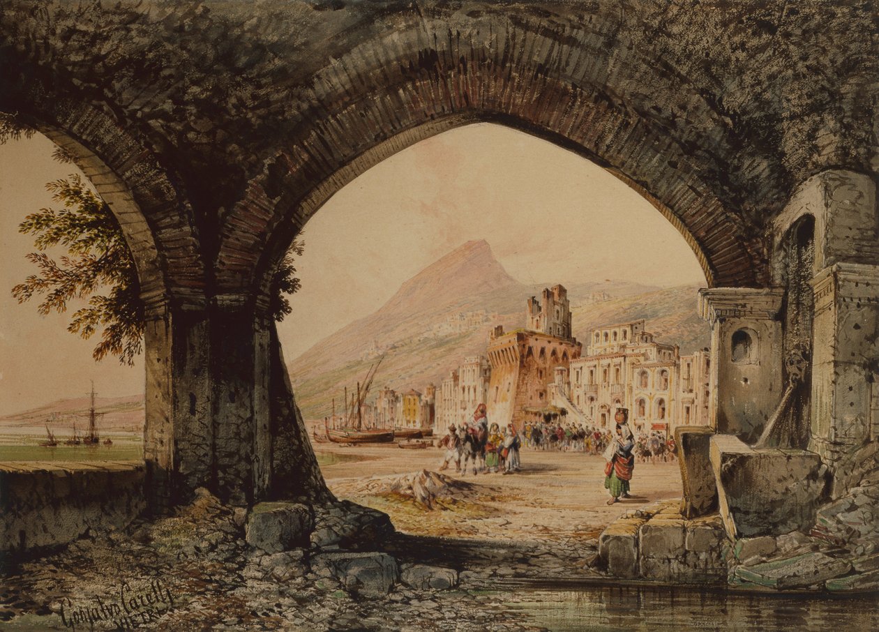 A Village Assembly, Italien (penna och akvarell) av Consalvo Carelli
