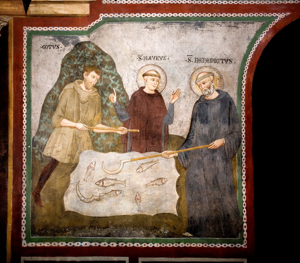 Gotens mirakel St. Benedict of Nursie, tillsammans med Saint Maur, hans första lärjunge, träffade en bondegoth och reparerade mirakulöst hans serpe. Fresk av Master Consolo (1200-talet) Nedre kyrkan. Klostret Saint Benedetto (Sacro Speco), Subiaco av Consolo 