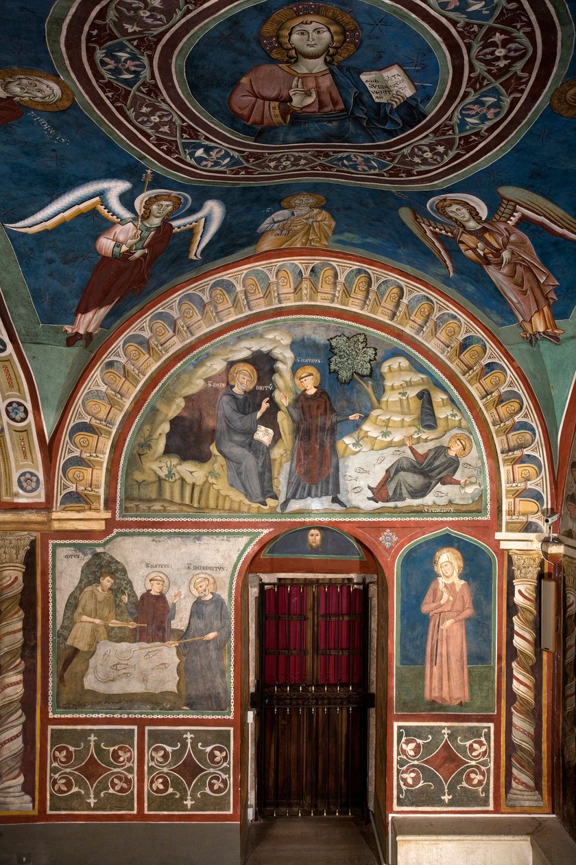 Olika episoder av Saint Benoits liv: i centrum "The miracle of Saint Placide"" Saint Benoit of Nursie, tack vare Saint Maurs ingripande, hans första lärjunge, räddar den unge Placide som fångas i strömmen av en sjö. Nedan är miraklet av Consolo