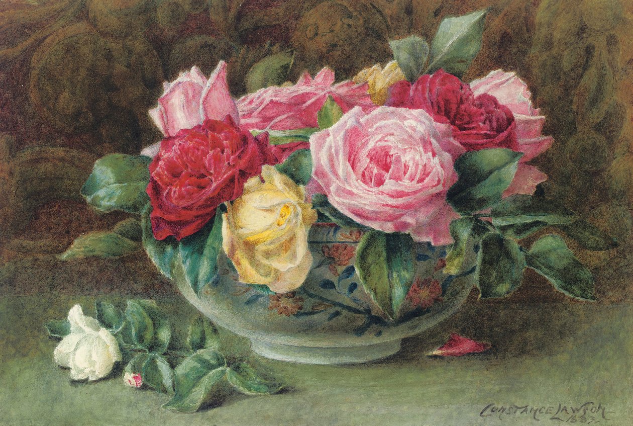 Stilleben med en skål med rosa, gula och röda rosor, 1883 av Constance Lawson