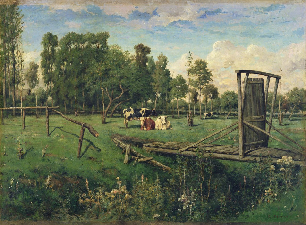 En betesmark i Normandie (olja på duk) av Constant Emile Troyon