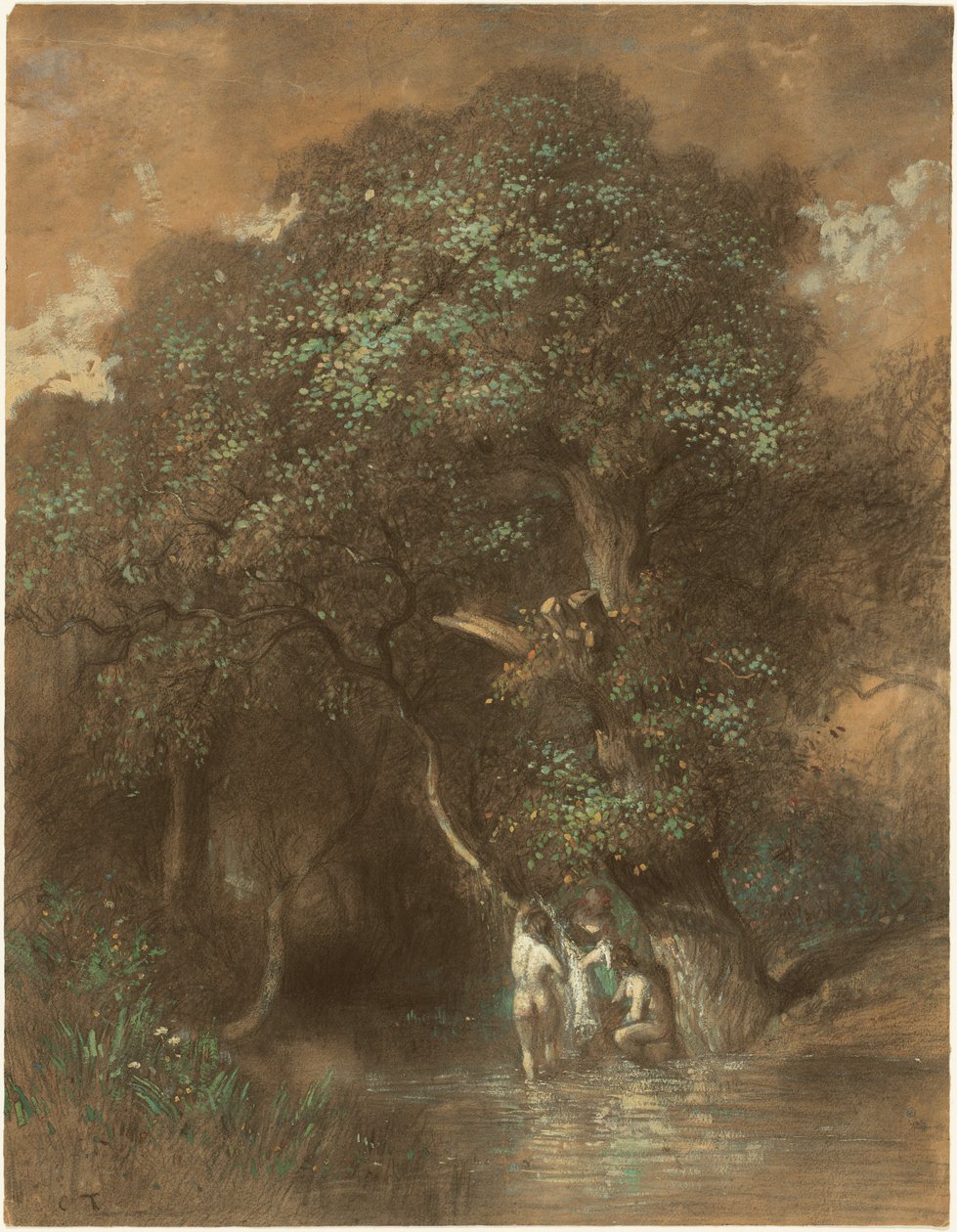Badande vid en jättelik ek, ca 1842-1844 (kol på papper) av Constant-Emile Troyon