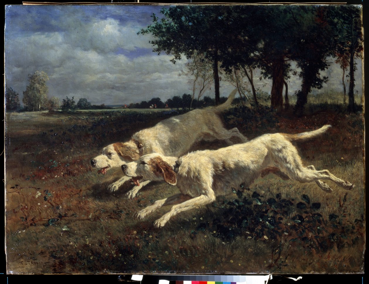 Löpande hundar. Målning av Constant Troyon (1810-1865). Olja på duk, 75 x 11 cm av Constant Emile Troyon