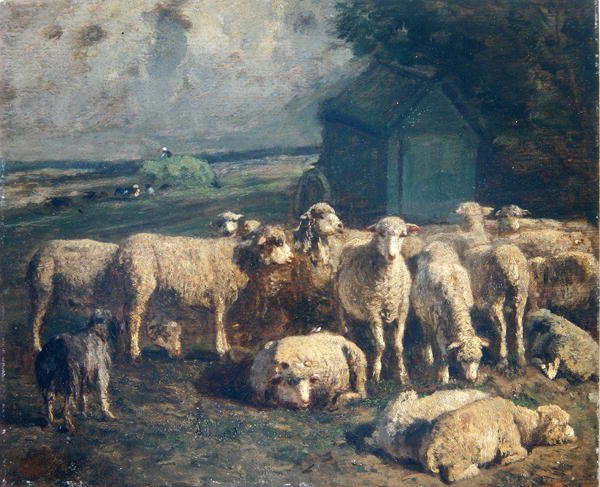 Fårflock (olja på duk) av Constant Emile Troyon