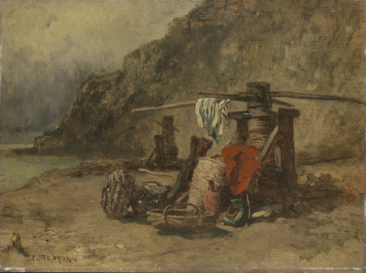 Strandscen med cape står av Constant-Emile Troyon