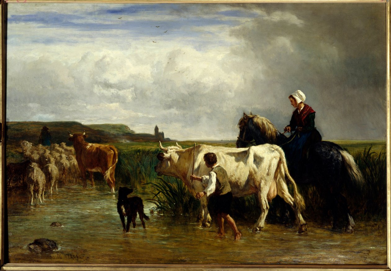 Le passage du gue Målning av Constant Troyon (1810-1865) 1800-talet sön. 1,15x1,65m Paris, Louvren. av Constant Emile Troyon