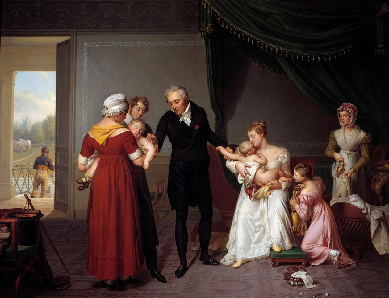 Aliber vaccinerar ett barn på Liancourt Castle. Den här bilden föreställer en vaccination mot smittkoppor, enligt Edward Jenners princip. Målning av Constant Desbordes (1761-1827) av Constant Joseph Desbordes