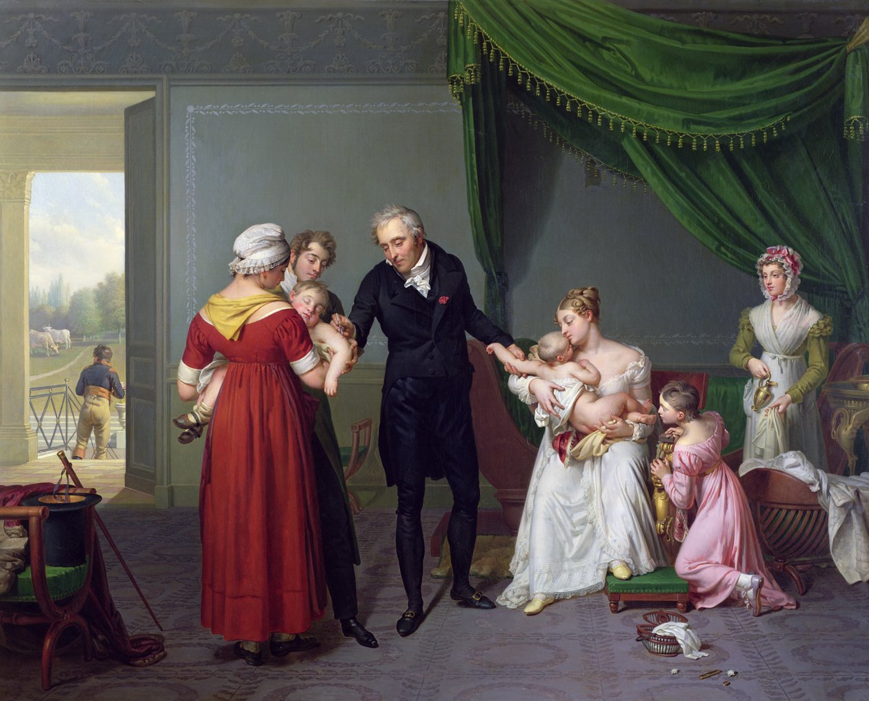 Baron Jean Louis Alibert (1768-1837) utför vaccinationen mot smittkoppor i Chateau of Liancourt, ca. 1820 av Constant Joseph Desbordes