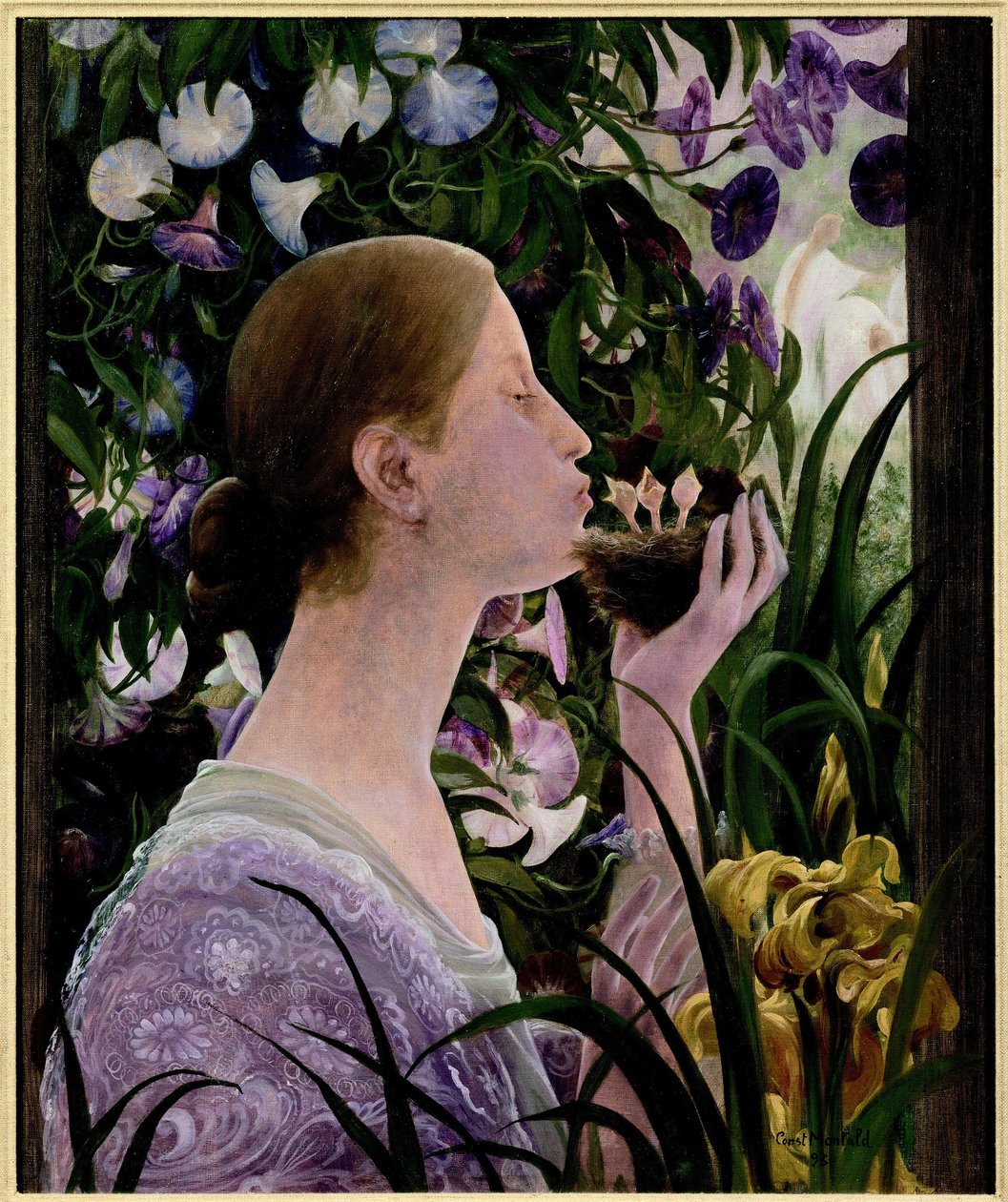 Boet. Ung kvinna i profil, i en blomsterträdgård, håller ett bo i handen och ger en kyss till fåglarna. Målning av Constant Montaid (1862-1944), olja på duk av Constant Montald