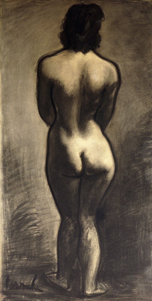 Stående naken; Nu Debout - Stand Naakt, c. 1930 (svart krita och svart tvätt på papper) av Constant Permeke