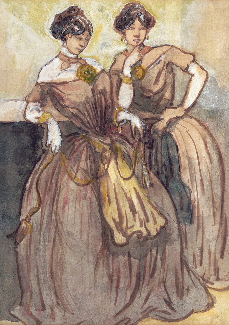 Två unga kvinnor står (gouache) av Constantin Guys