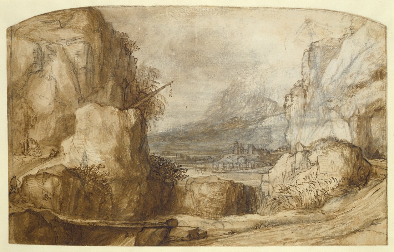 Bergigt landskap (penna, brunt bläck, pensel och krita på papper) av Constantin Daniel van Renesse