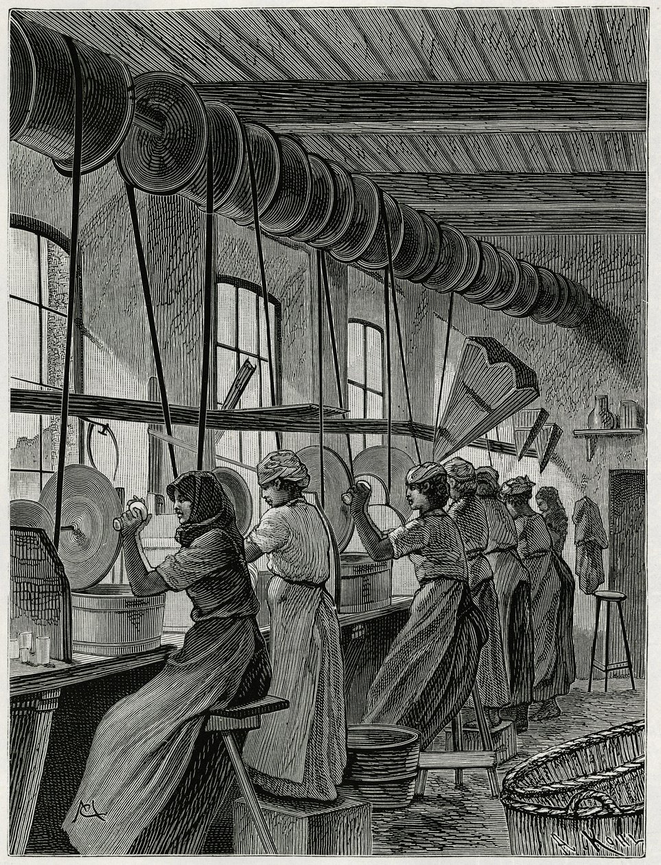En kvinnoverkstad vid glasföremålet i Val Saint Lambert. Gravyr av C.Meunier för att illustrera berättelsen ""La Belgique"", av Camille Lemonnier (1844-1913), författare och konstkritiker. av Constantin Emile Meunier