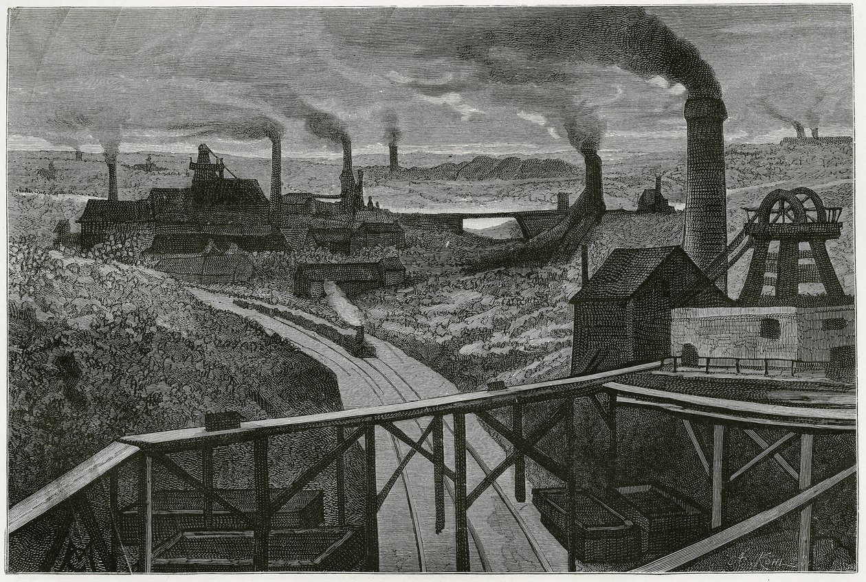 Kolbrytning och terrils (aspekter av contree boraine). Gravyr av Constant Meunier, för att illustrera berättelsen "" Belgien", av Camille Lemonnier (1844-1913) belgisk författare. Publicerad i Le Tour du monde, nouveau journal des voyages, 2:a terminen 188 av Constantin Emile Meunier