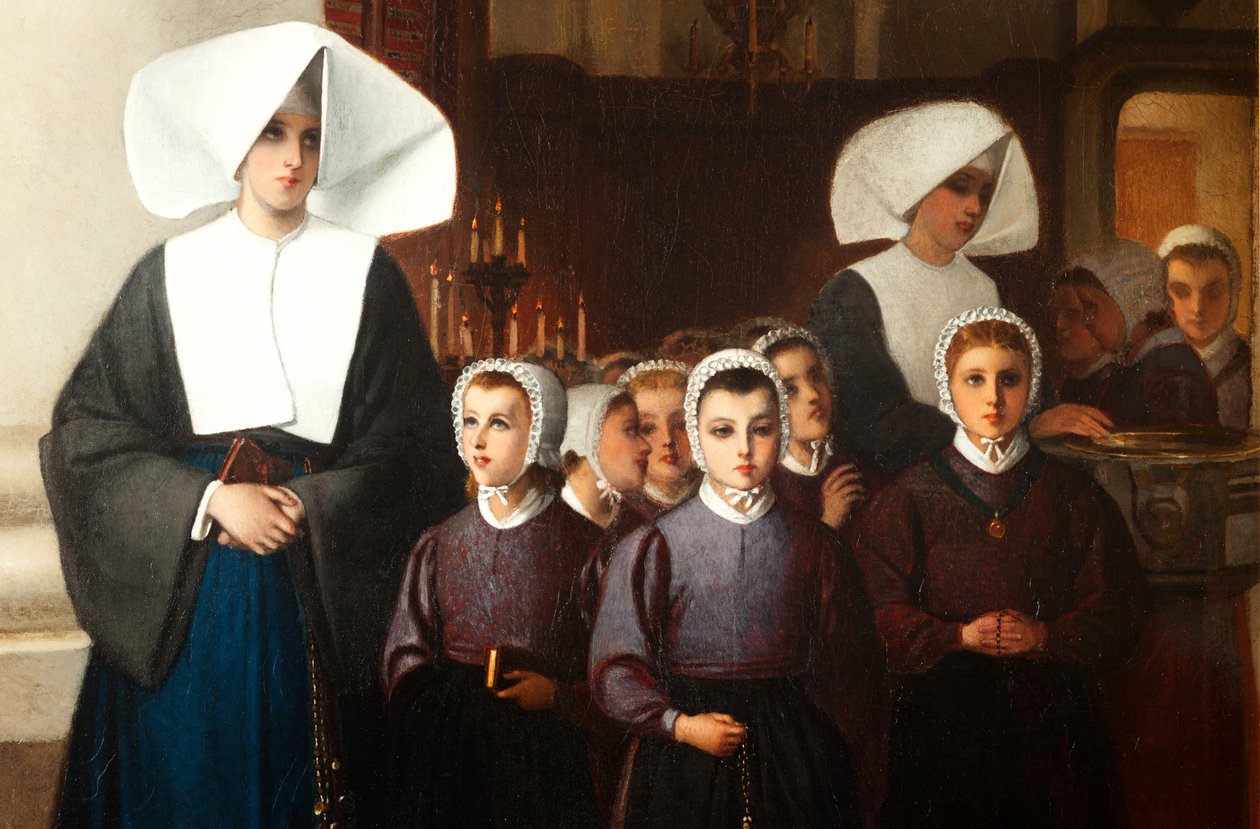 Målning. Signerad och daterad: Constant Meunier 1864. De föräldralösa. Olja på duk. Detalj. av Constantin Emile Meunier