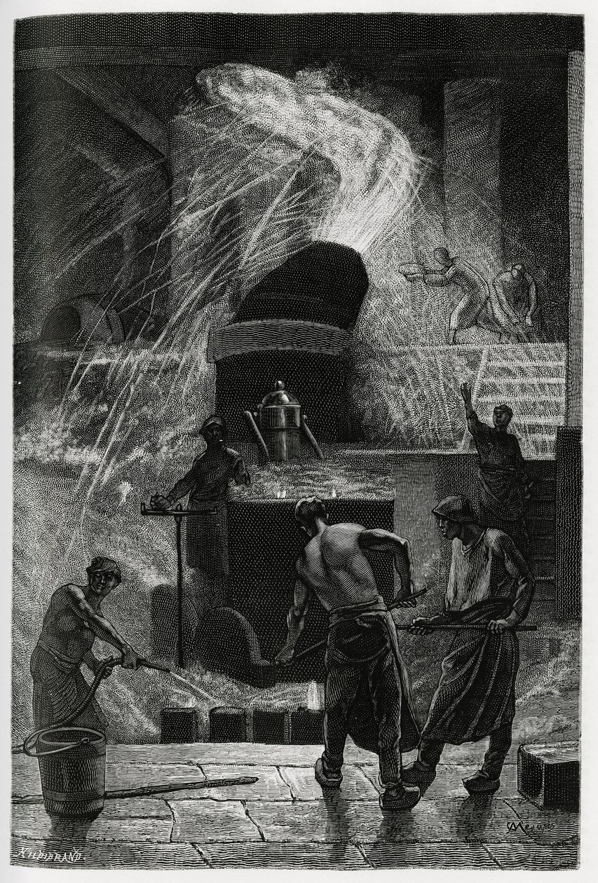 Gjutningen av stål vid cockerillanläggningarna i Seraing. Gravyr av C.Meunier för att illustrera berättelsen ""La Belgique"", av Camille Lemonnier (1844-1913), författare och konstkritiker. av Constantin Emile Meunier