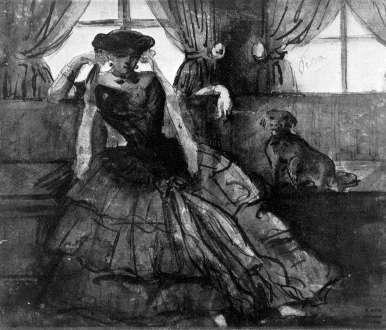 En dam med sin hund, 1800-talet, 1930. av Constantin Guys