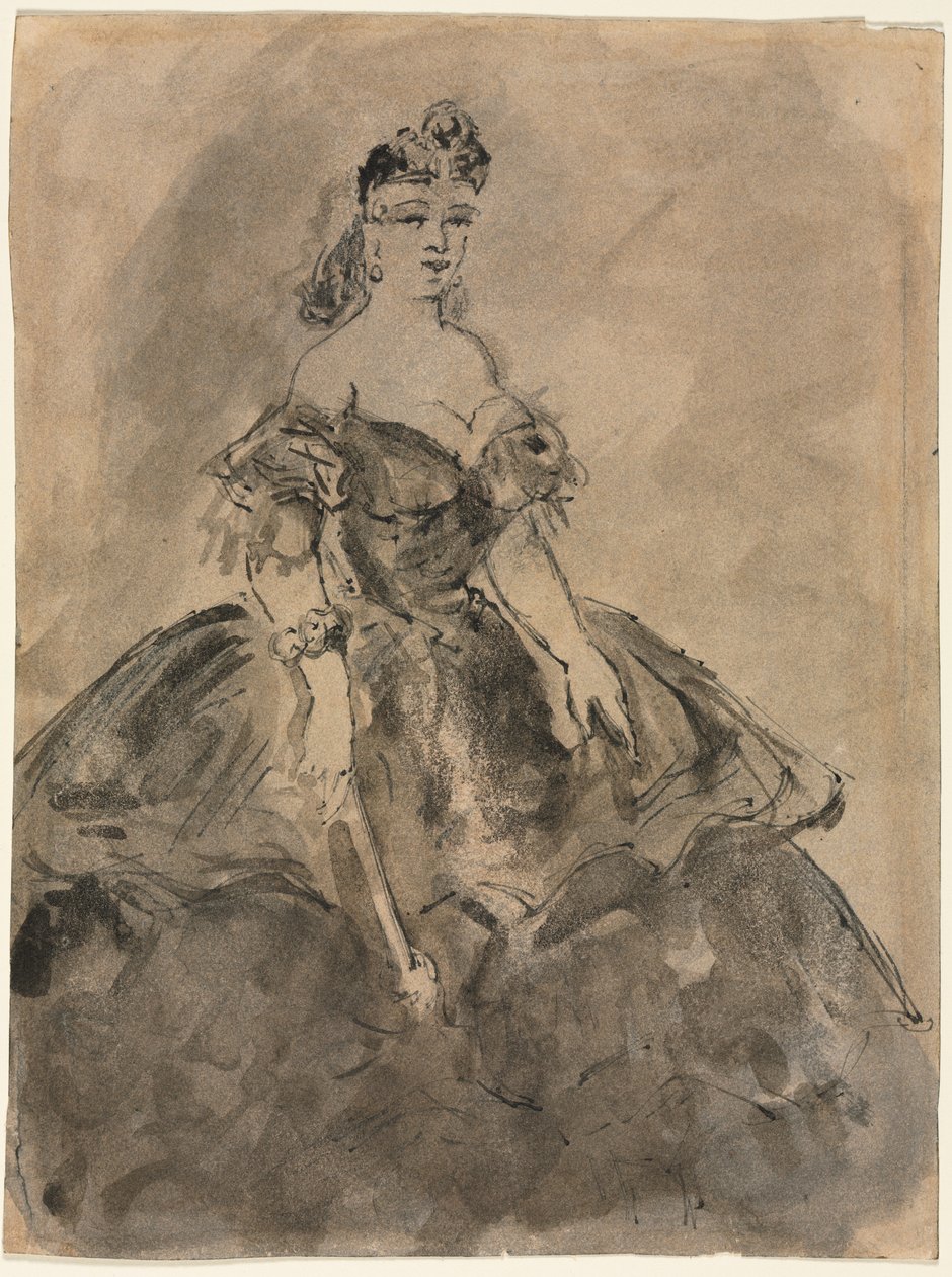 På Ball recto, La femme à l’eventail, efter Goya verso, 1800-talet. av Constantin Guys