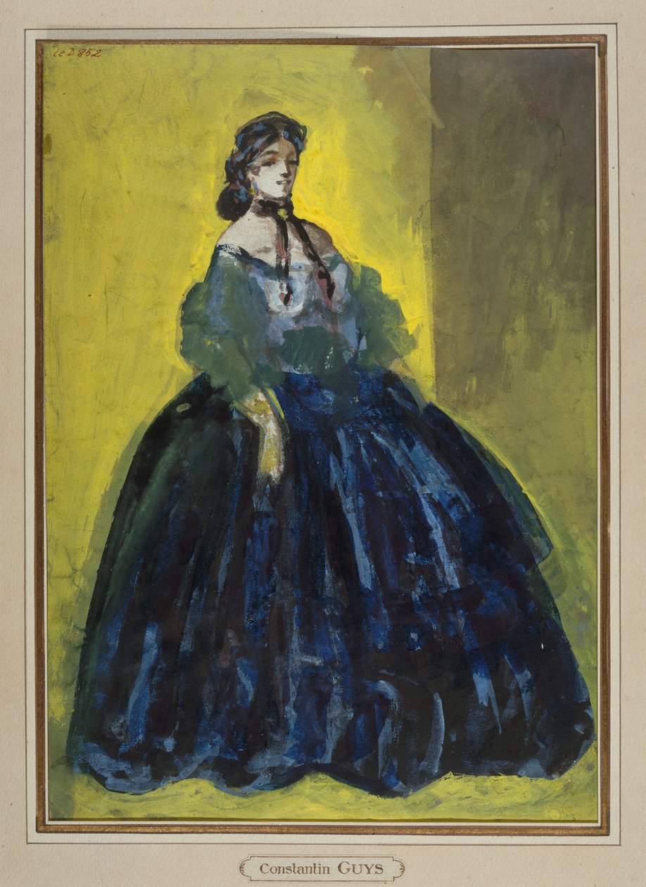 Studie einer Frau im blauen Kleid vor gelbem und grünem Hintergrund, um 1865 av Constantin Guys