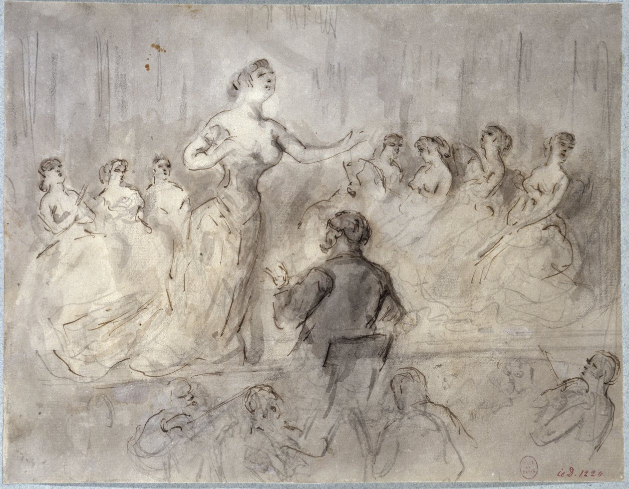 Scen från en kafékonsert, orkester och sångerskor, omkring 1875-1880 av Constantin Guys