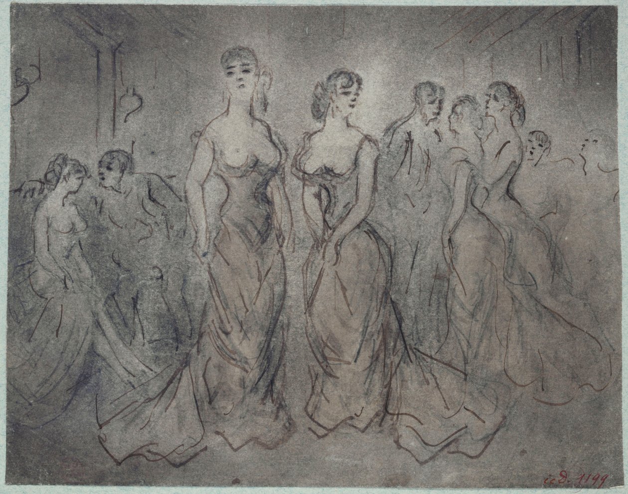 Inomhusbild från ett bordell, kvinnor och män, omkring 1875 av Constantin Guys