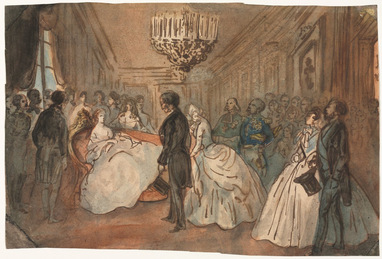 Kejsarinnan Eugenie tar emot den diplomatiska kåren efter den kejserliga prinsens födelse, 1800-talet. av Constantin Guys