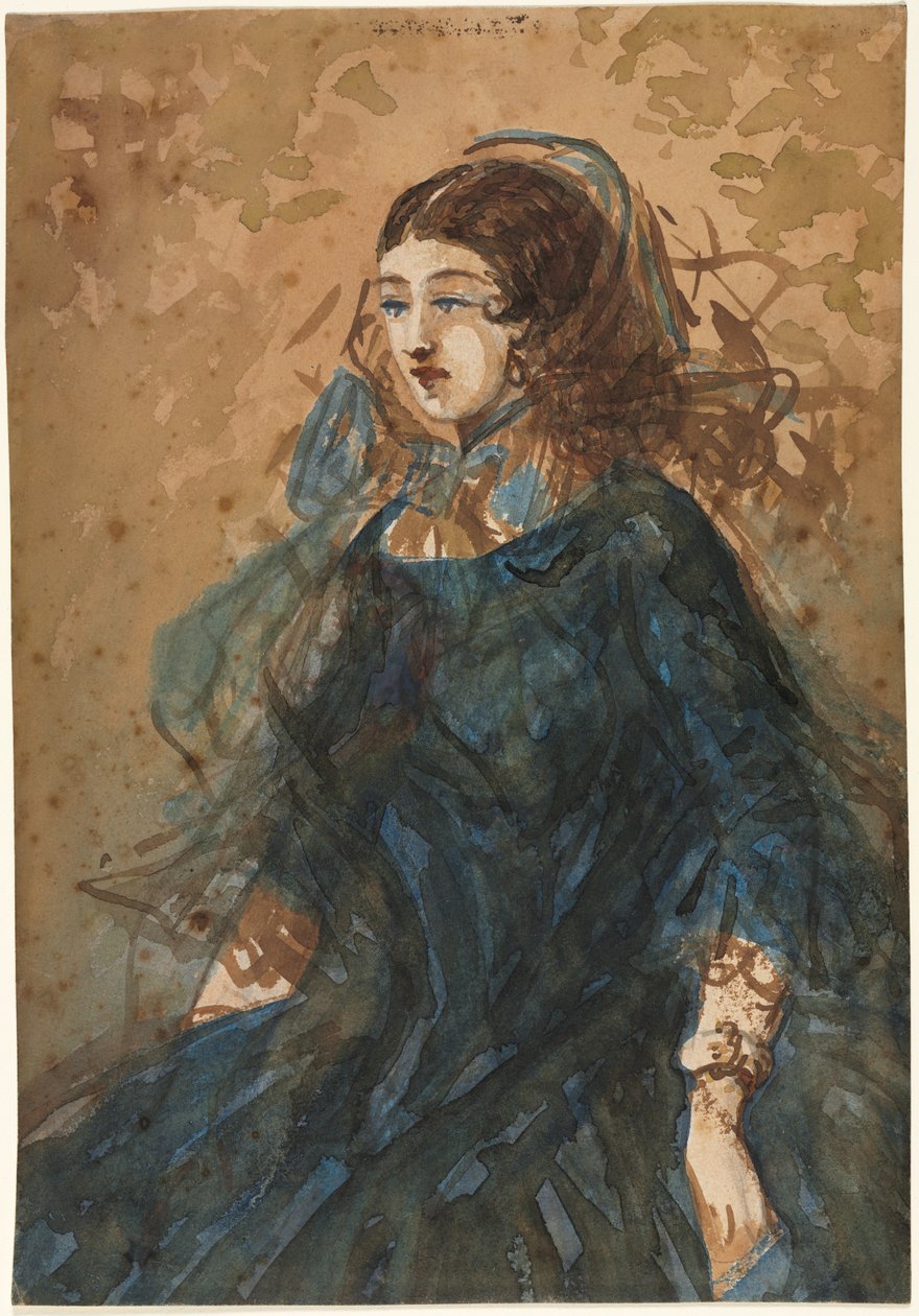 Kvinna i en blå klänning recto, krigslägerscenen, 1855-1860. av Constantin Guys