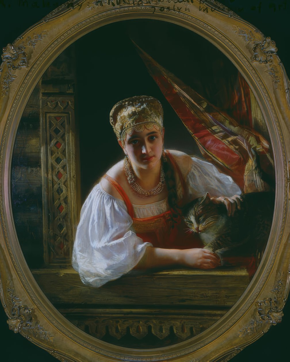 Rysk skönhet med katt av Constantine Egorovitch Makovsky
