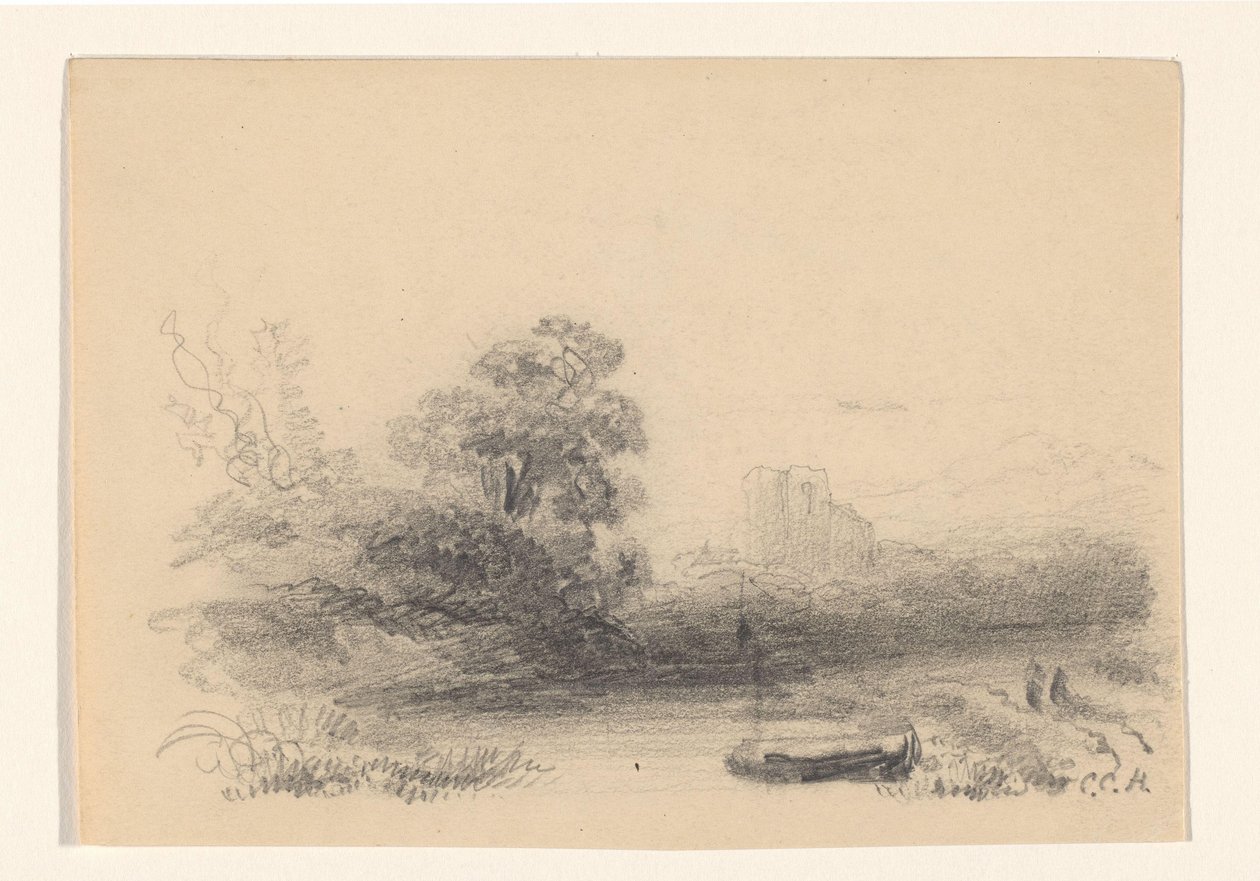 Landskap med vatten och roddbåt av Constantinus Cornelis Huysmans (signed by artist)