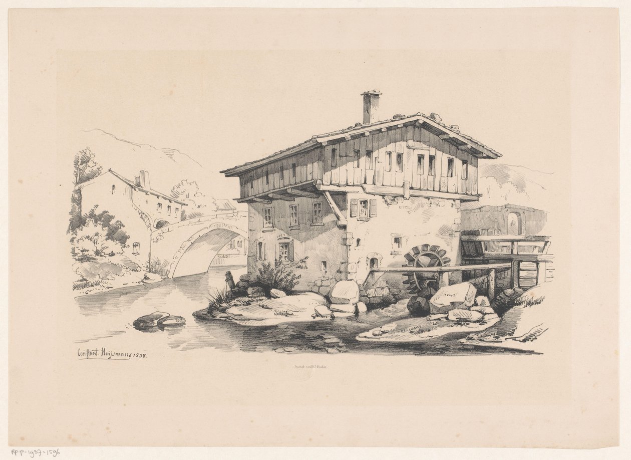 Hus och vattenkvarn i bergsby The Landscape (serietitel) av Constantinus Cornelis Huysmans