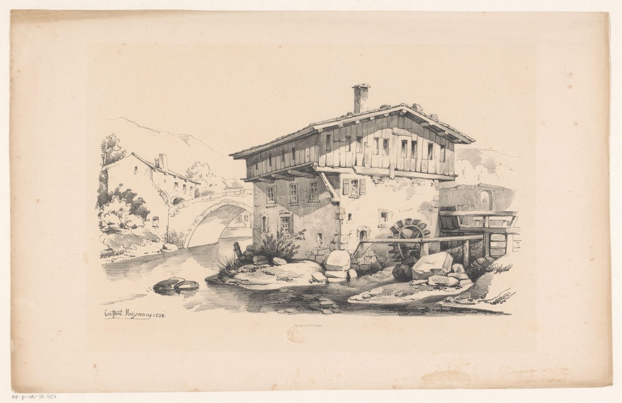 Hus med vattenkvarn i bergsby The Landscape (serietitel) av Constantinus Cornelis Huysmans