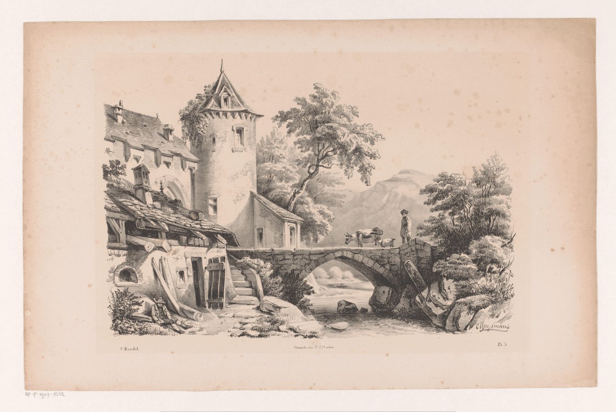 Hus och bro i bergslandskap The Landscape (serietitel) av Constantinus Cornelis Huysmans