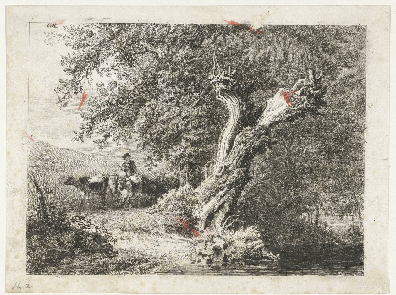 Landskap med kala träd och herde av Constantinus Cornelis Huysmans