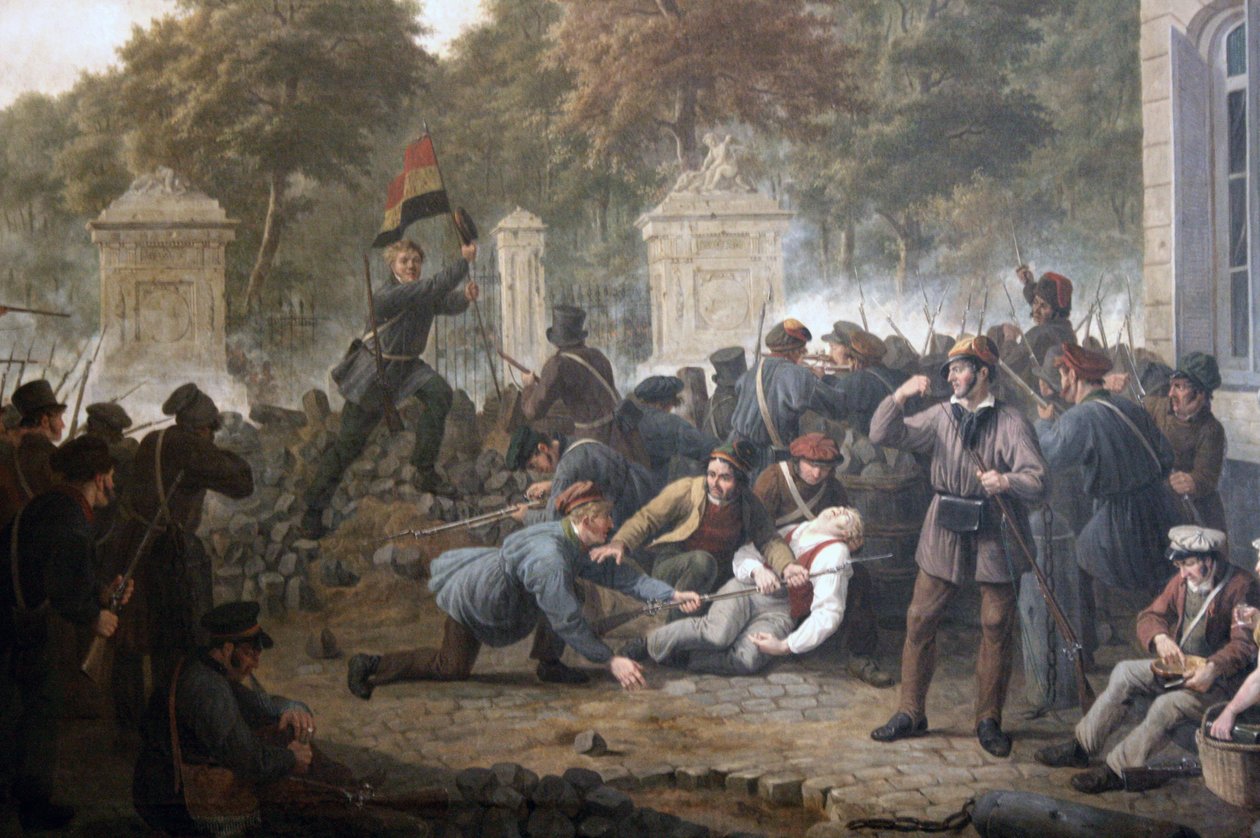Revolutionär barrikad mot parken i Bryssel under striderna mellan belgiska rebeller och holländska styrkor 1830 av Constantinus Fidelio Coene