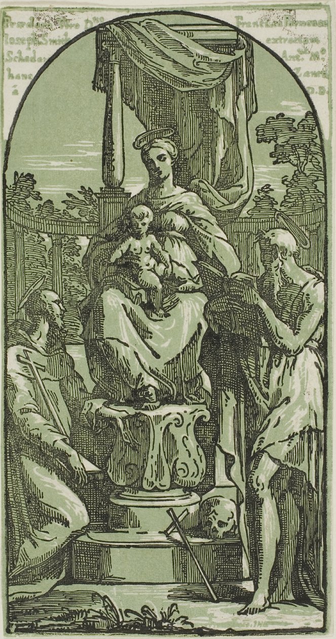 Madonna med tronande barn, S:t Hieronymus och S:t Franciskus av Conte Antonio Maria Zanetti the Elder