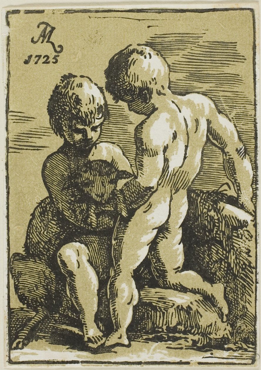 Två barn klappar ett lamm av Conte Antonio Maria Zanetti the Elder