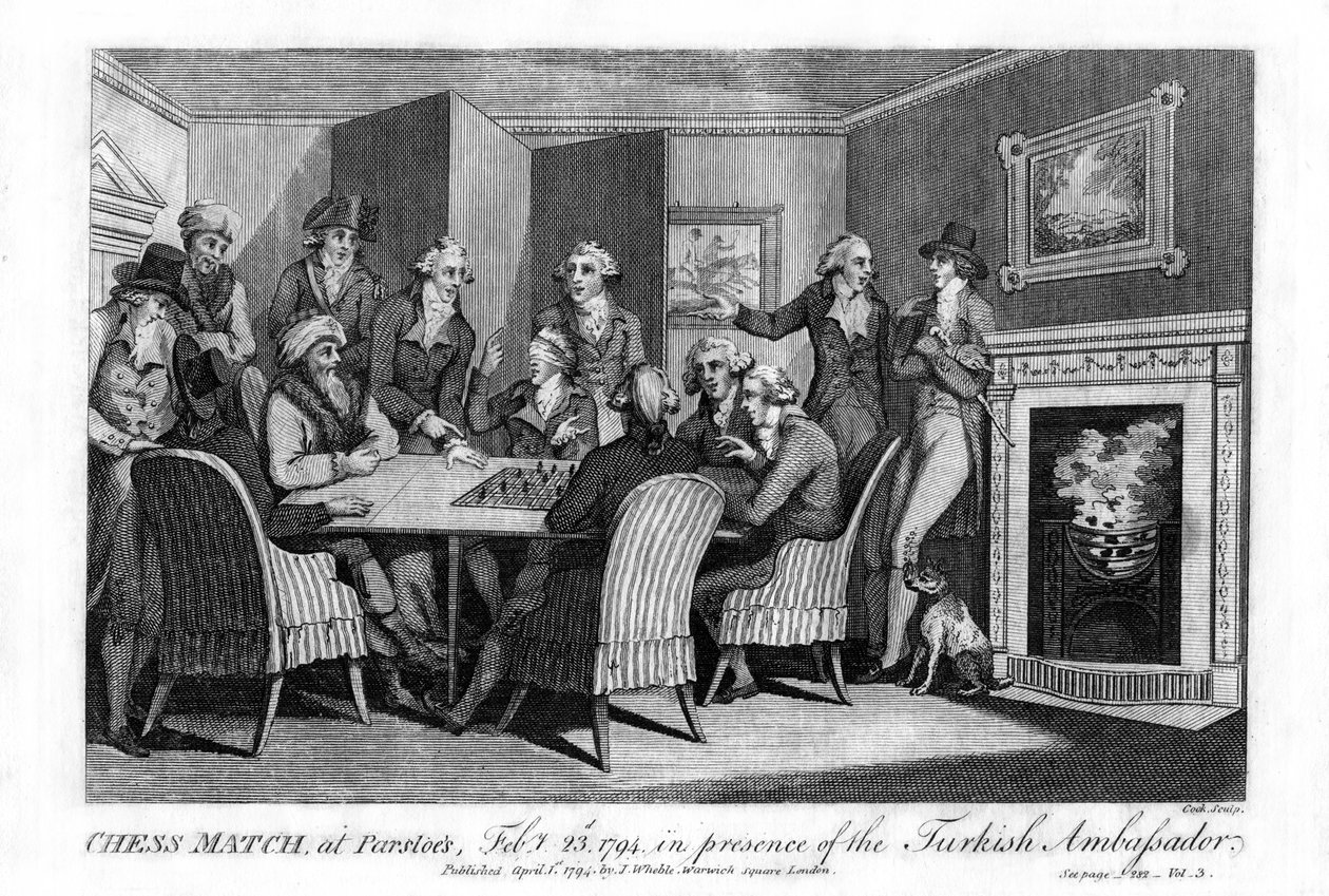Schackmatch, i Parsloes, 23 februari 1794, i närvaro av den turkiska ambassadören 1794. av Cook