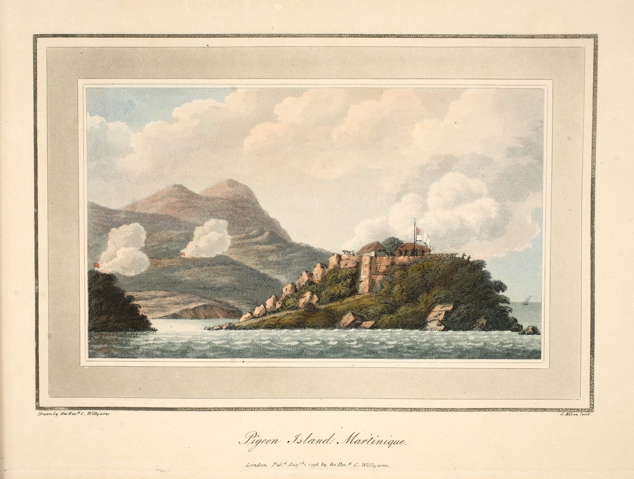 Pigeon Island, Martinique, illustration från "An Account of the Campaign in the West Indies" av pastor Cooper Willyams, litografi av S. Alken, pub. London 1796 av Cooper Willyams