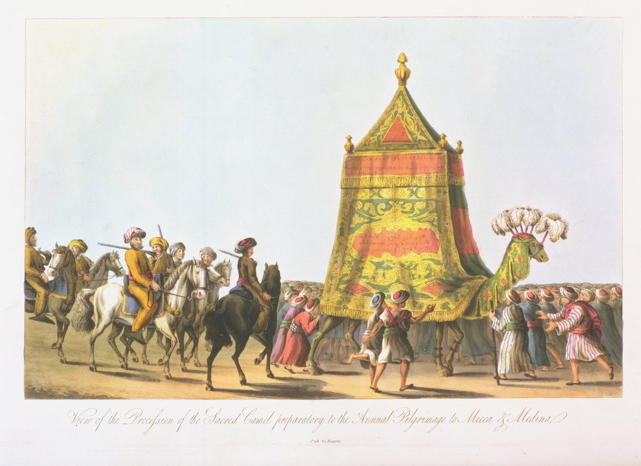 Vy över processionen av den heliga kamelen förberedande till den årliga pilgrimsfärden till Mecka och Medina, pub. 1822 av Cooper Willyams