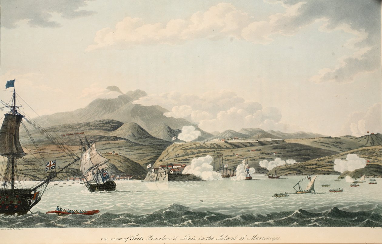 S.W. beskåda av forten Bourbon och Louis på ön Martinique, illustration från "An Account of the Campaign in the West Indies" av pastor Cooper Williams, litografi av S. Allen, pub. London 1796 (ca av Cooper Willyams