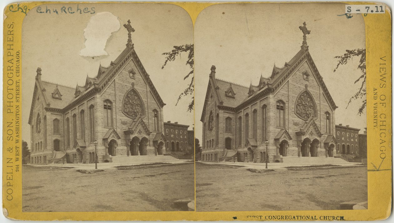 Stereograf av First Congregational Church, Chicago, ca 1870 (bw-foto på kortfäste) av Copelin and Hine Copelin and Hine
