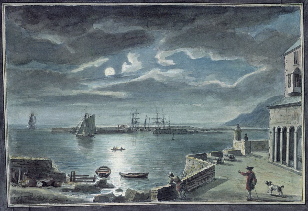 The Harbour and the Cobb, Lyme Regis, Dorset, av Moonlight av Copplestone Warre Bamfylde