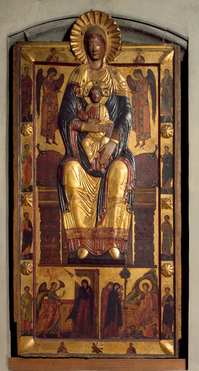 Jungfru på tronen med barnet, två änglar, apostlarna. Bebådelsen och de heliga kvinnorna vid graven. Polykromt trä med låg relief av Coppo di Marcovaldo (attr.to)